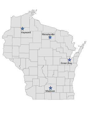 Map of Wisconsin showing DNR office locations