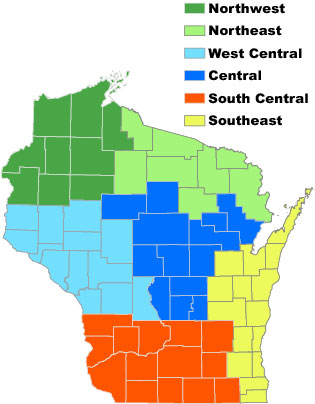A map of Wisconsin, color-coded by region.