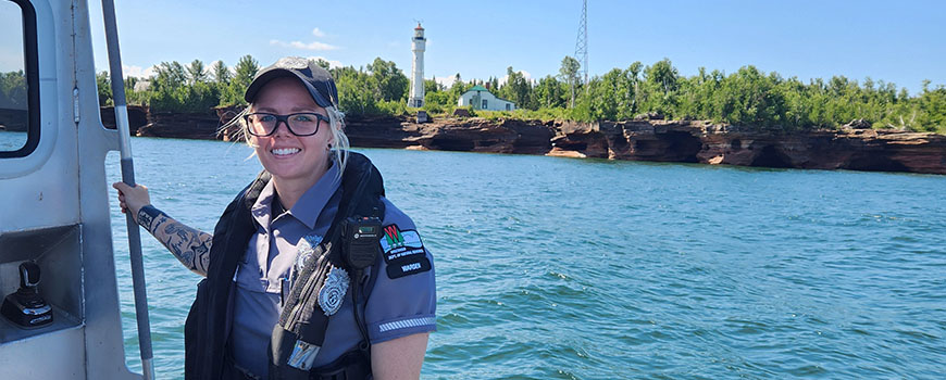 A conservation warden patrols Lake Superior near Bayfield, WI