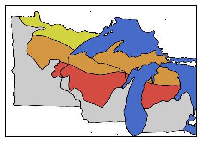 Map of seed zones for moving jack pine across Minnesota, Wisconsin, and Michigan.