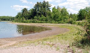 Photo of a lake shoreline with a low lake water level.