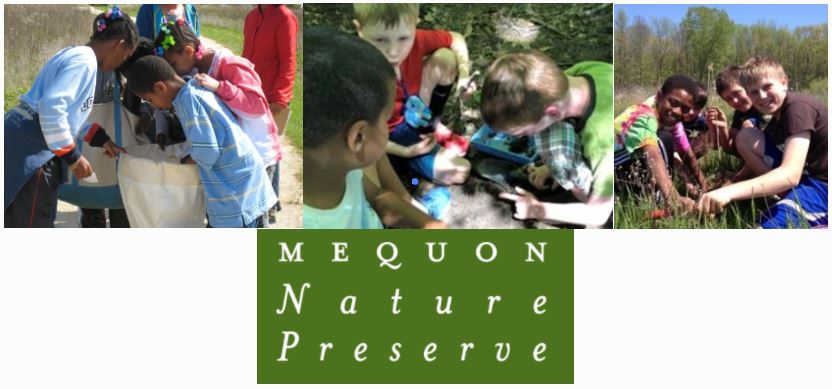 A series of three images, each showing children outdoors at the Mequon Nature Preserve.