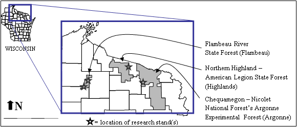 A map of northern Wisconsin highlighting the locations of MOSS research stands.