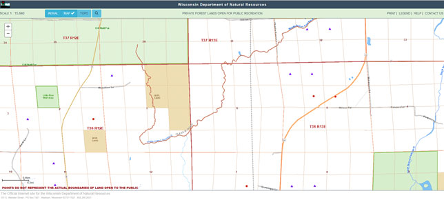 Map example from the Wisconsin DNR Private Forest Lands Open for Public Recreation application.