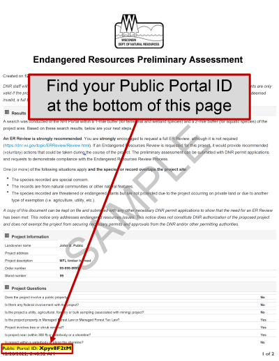 First page of sample Endangered Resources Preliminary Assessment highlighting the location of the Public Portal ID number in the bottom left corner.