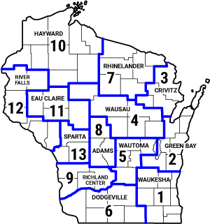 A map of Wisconsin, broken into 13 zones based on stumpage rate schedules.