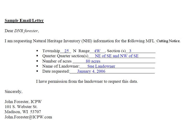 An example email requesting Natural Heritage Inventory (NHI) information.