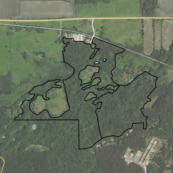 A mapped aerial view of forested stands to be inventoried with UAV Remote Sensing in Kettle Moraine State Forest.