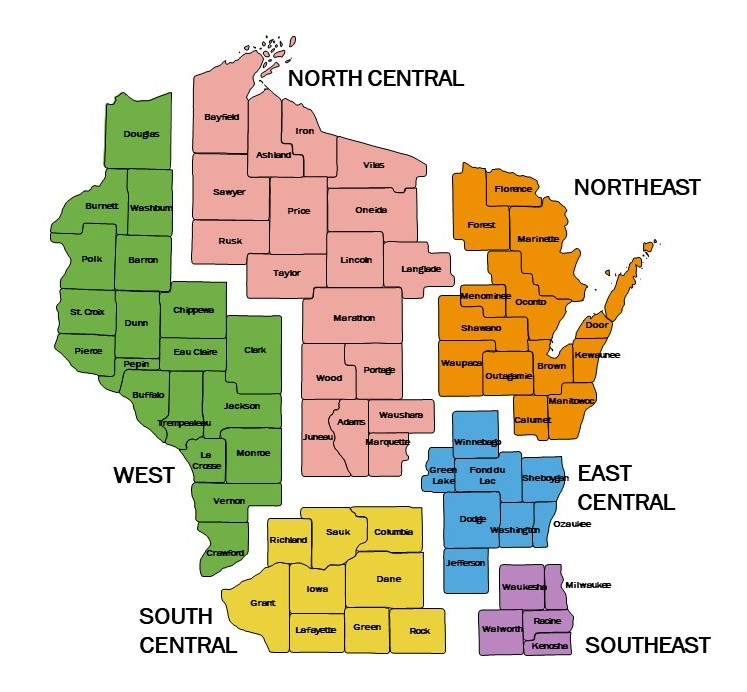 A map of Wisconsin, divided based on region.