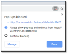 A screenshot of the Chrome "Pop-ups blocked" window.