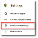 A screenshot of the Chrome Settings menu. A red box surrounds the "Privacy and security" option.
