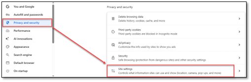 A screenshot of the Chrome "Privacy and security" menu. A red box surrounds the "Site settings" section.