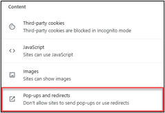 A screenshot of the Chrome "Content" menu. A red box surrounds the "Pop-ups and redirects" section.