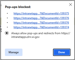 A screenshot of the "Pop-ups blocked" window in Microsoft Edge.