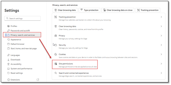 A screenshot of the Microsoft Edge "Privacy, search, and services" menu.