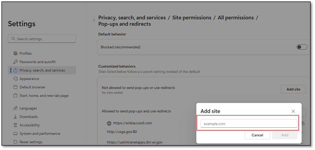 A screenshot of the Microsoft Edge "Pop-ups and redirects" menu with the "Add site" option highlighted.
