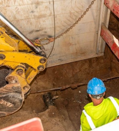 A worker with a hardhat and construction vest working on a water pipe